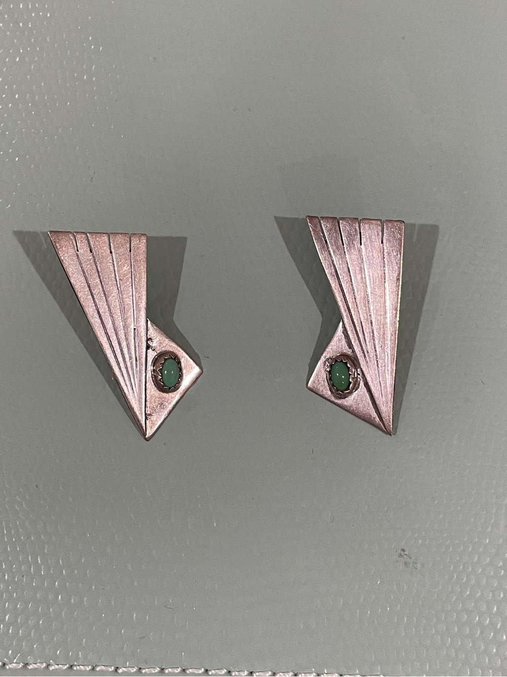Vintage Sterling Silver Geometric clip-on Earrings with Green Stone